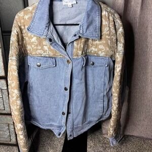 Mable blue denim jacket with paisley pattern on sleeves and back. Size M